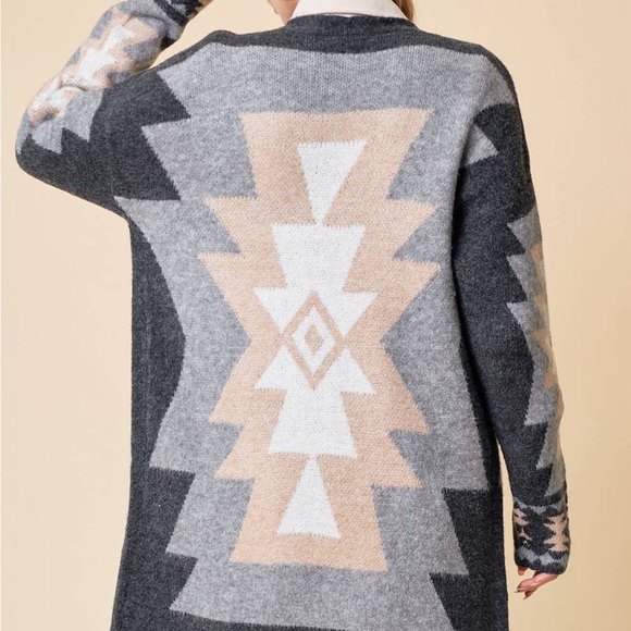 New Aztec Western Print Grey Long Cardigan Sweater Coat Western Cowichan - Picture 4 of 8